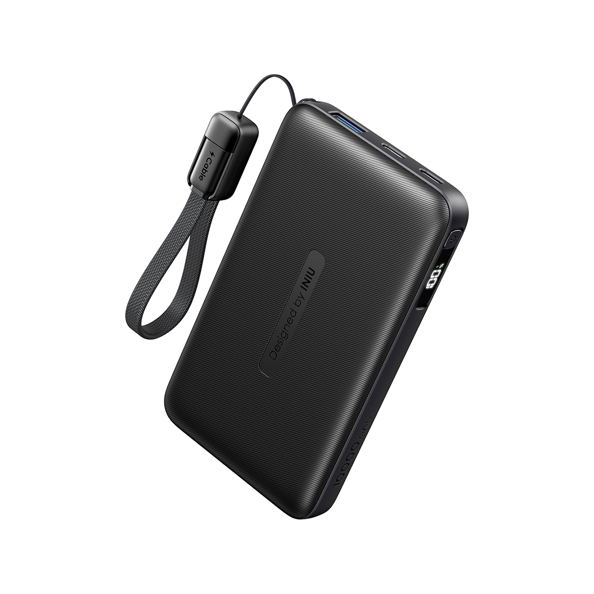Power bank negra con textura acanalada, correa de muñeca y indicador de carga 100%.