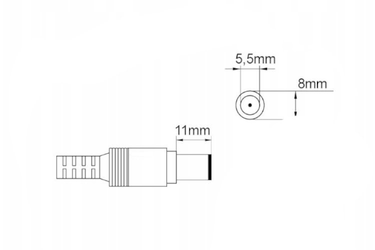 Rysunek liniowy wtyczki zasilającej DC z wymiarami 11 mm, 5,5 mm i 8 mm.