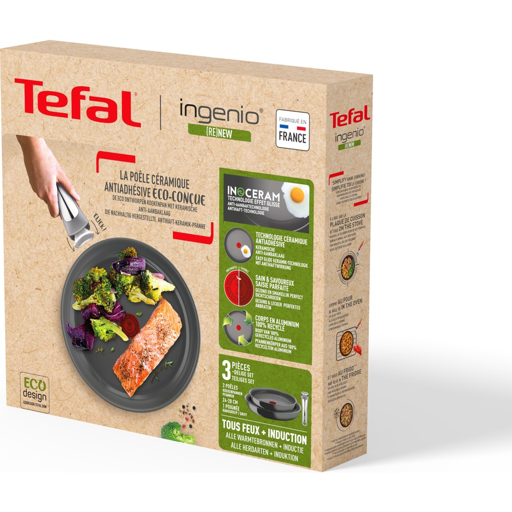 Tefal Ingenio tencere ambalajı, yemek ve tencereler gösteriliyor.
