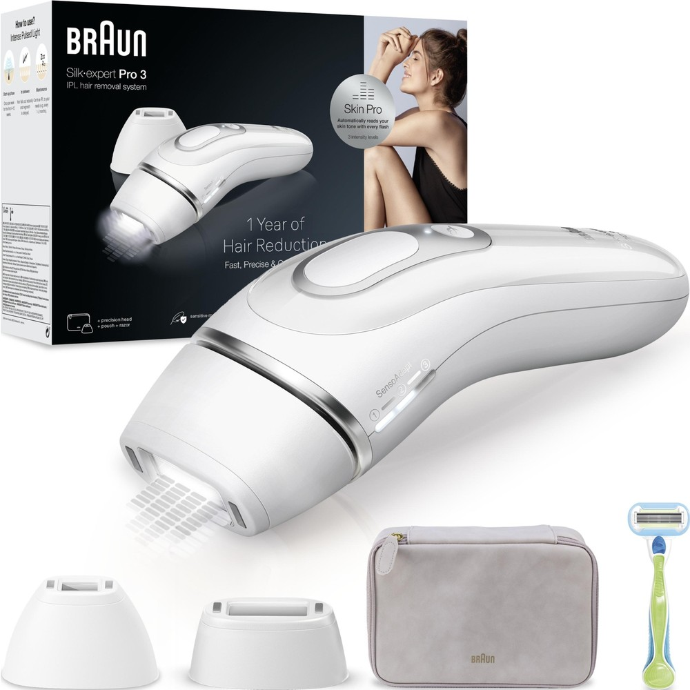 Sistema di epilazione IPL Braun Silk-expert Pro 3 con accessori, pochette e rasoio.
