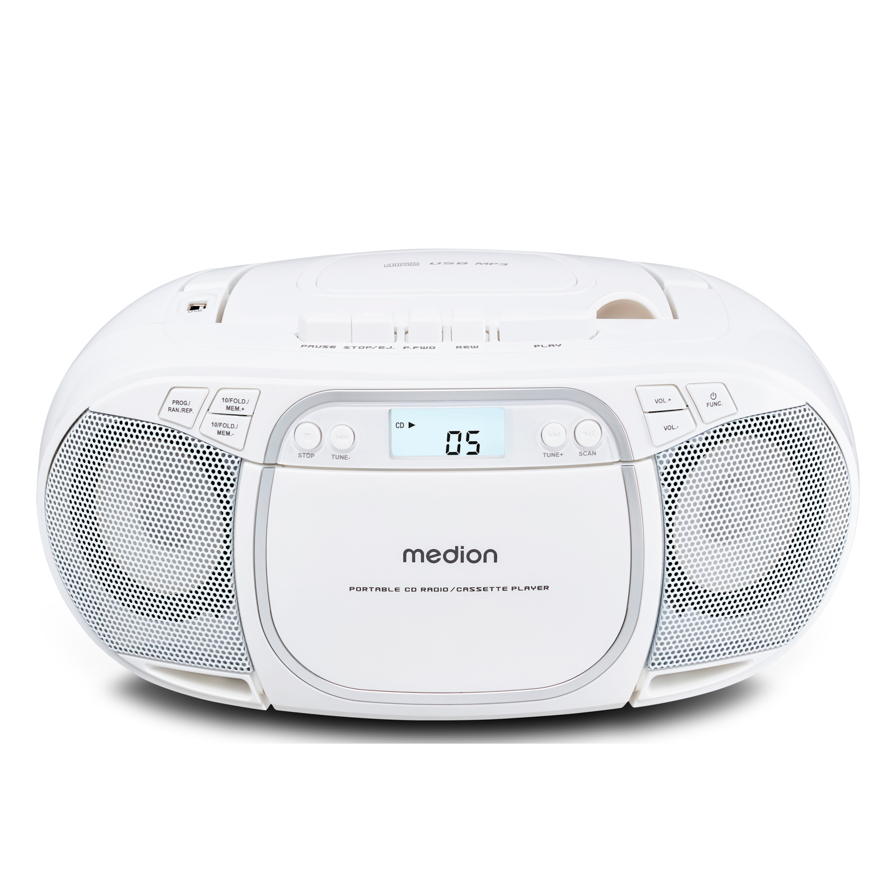 Ein weißer Medion Boombox mit CD-Player, Kassettendeck und Lautsprechern.