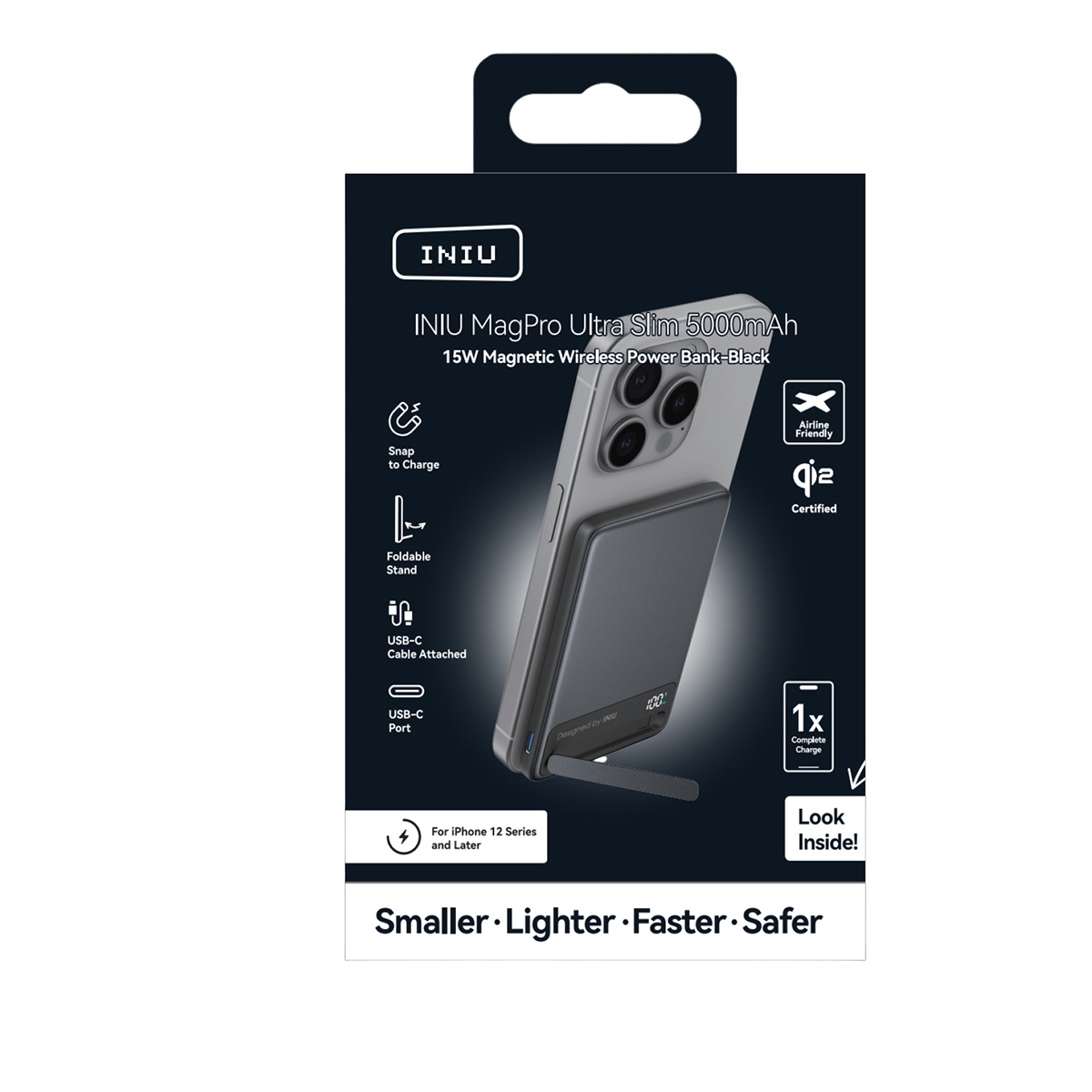 Batería INIU MagPro Ultra Slim 5000mAh con soporte plegable y USB-C.