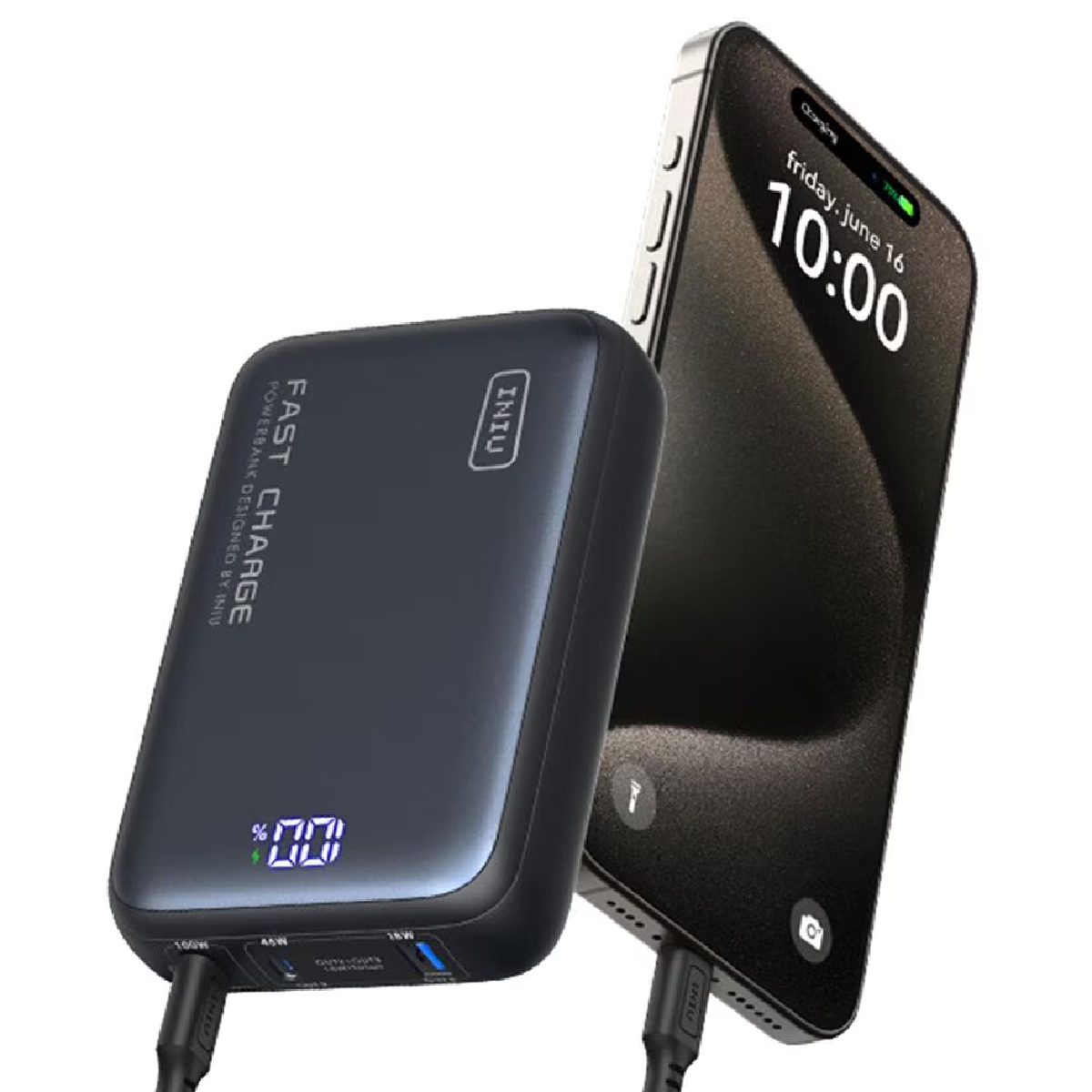Un smartphone negro está siendo cargado por un power bank negro.