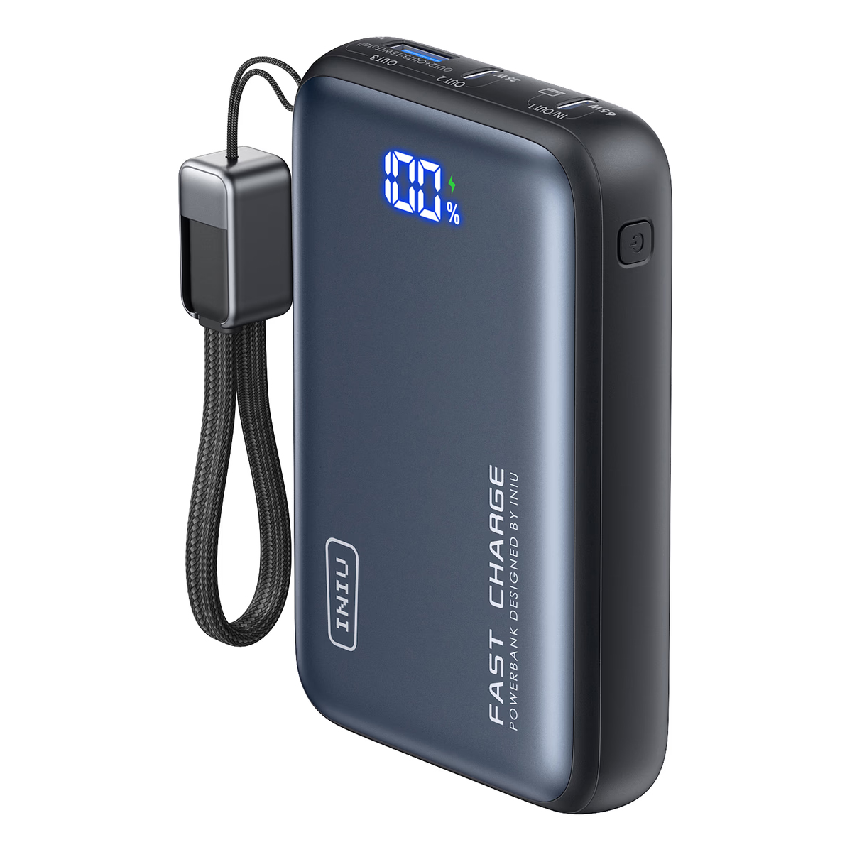 Power bank gris oscuro con pantalla digital del 100% y correa.