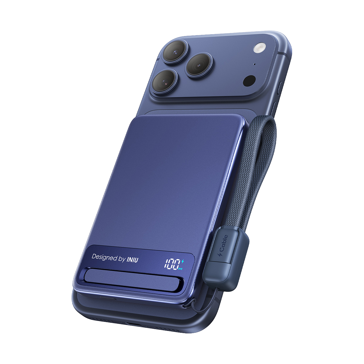 Un smartphone azul con funda de batería y correa de muñeca sobre fondo blanco.
