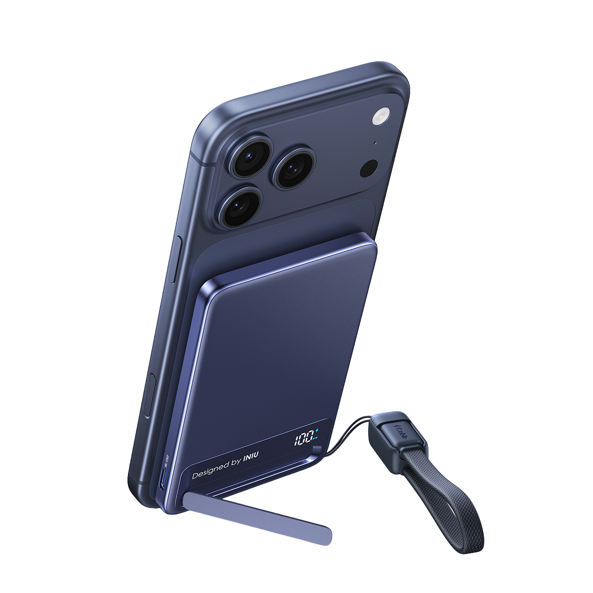 Teléfono inteligente azul oscuro con soporte de batería externo plano. Carga del 100% mostrada.