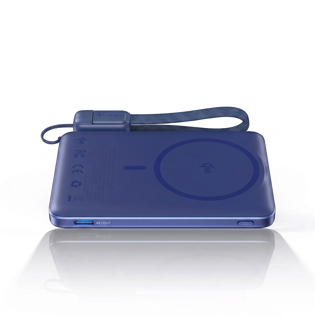 Cargador inalámbrico azul oscuro con puerto USB-C y correa.