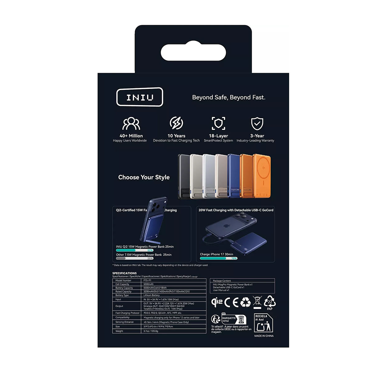 Embalaje del Power Bank Magnético INIU Qi2 15W. Muestra el producto, especificaciones y rendimiento de carga.