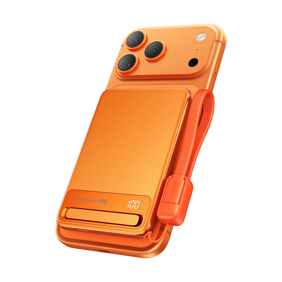 Un smartphone naranja con tres cámaras y un indicador de carga del 100%.