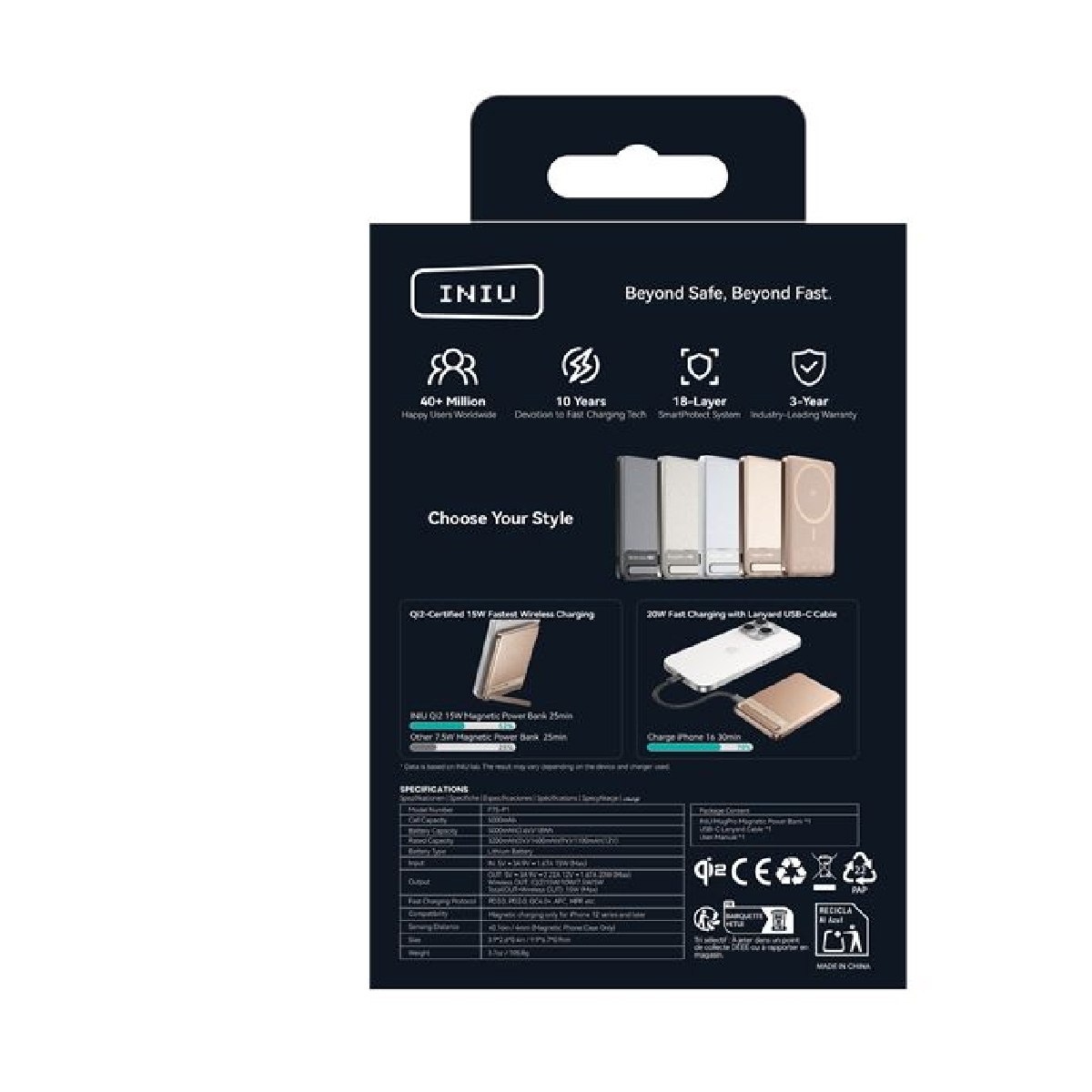 Embalaje de power bank INIU con imágenes de producto y especificaciones.