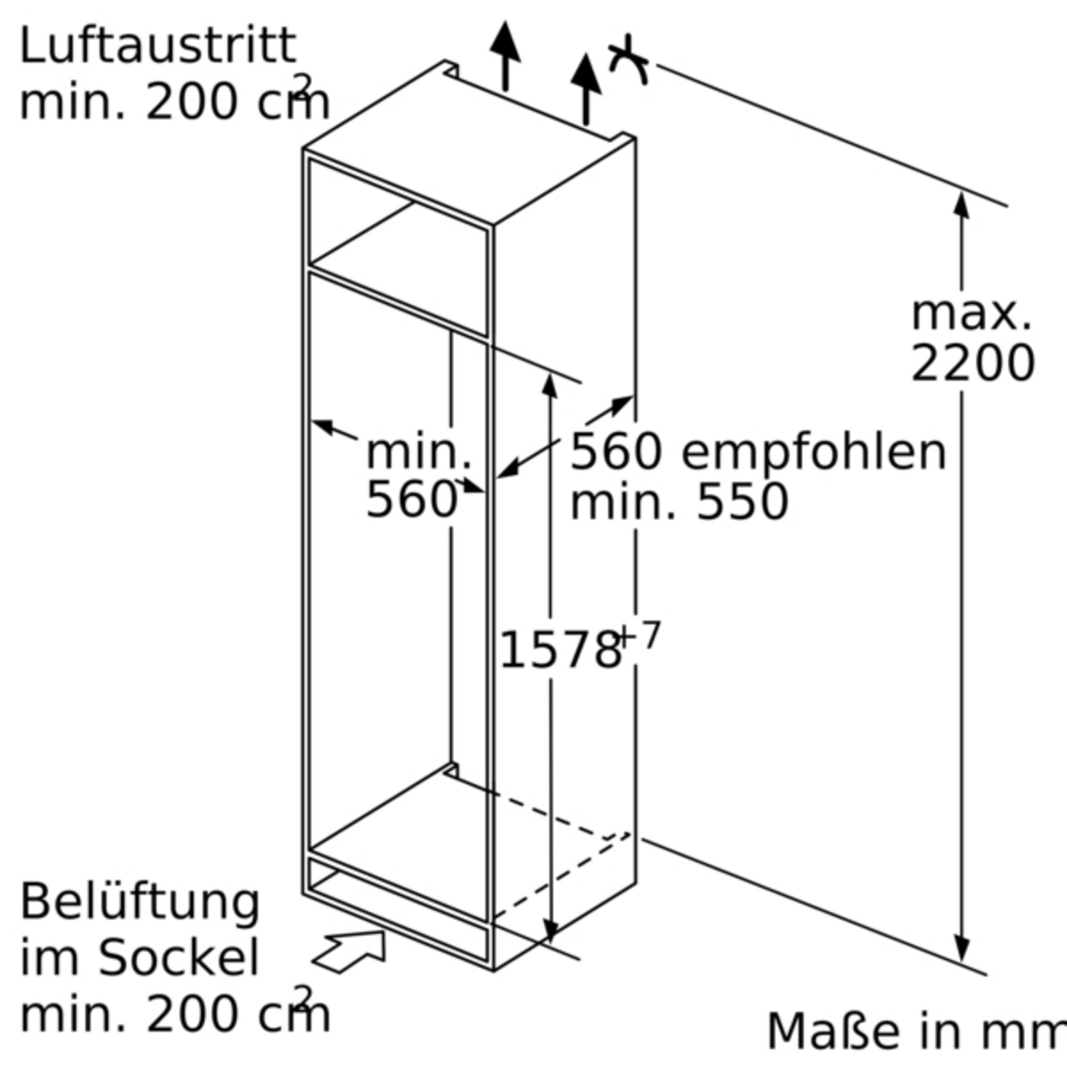 Technische Zeichnung mit Maßen für einen Einbau-Schrank.