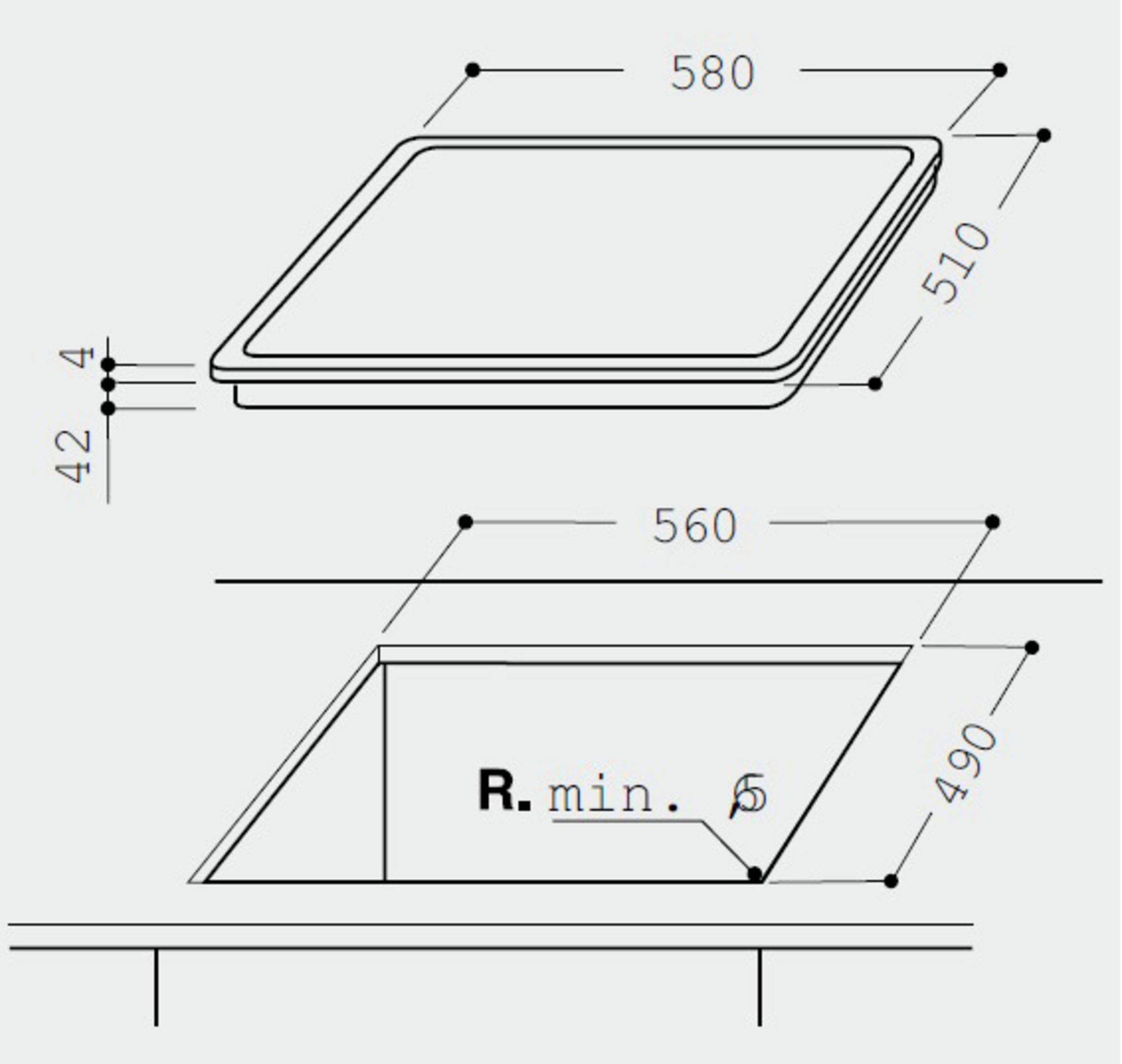 Diagramm zeigt Abmessungen für eine Kochfeldinstallation. Draufsicht: 580x510mm. Ausschnitt: 560x490mm. Hinweis R.min. 5.