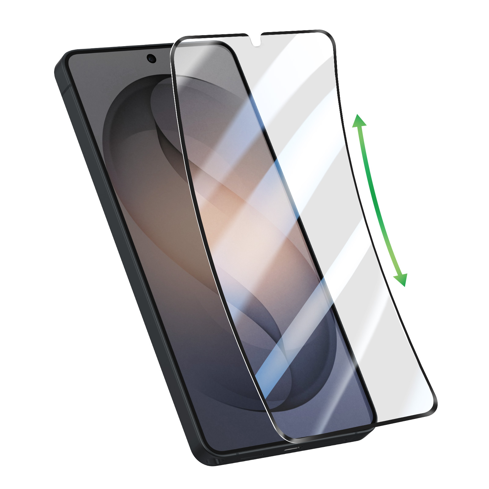 Uno smartphone nero con una protezione schermo trasparente posizionata sopra.