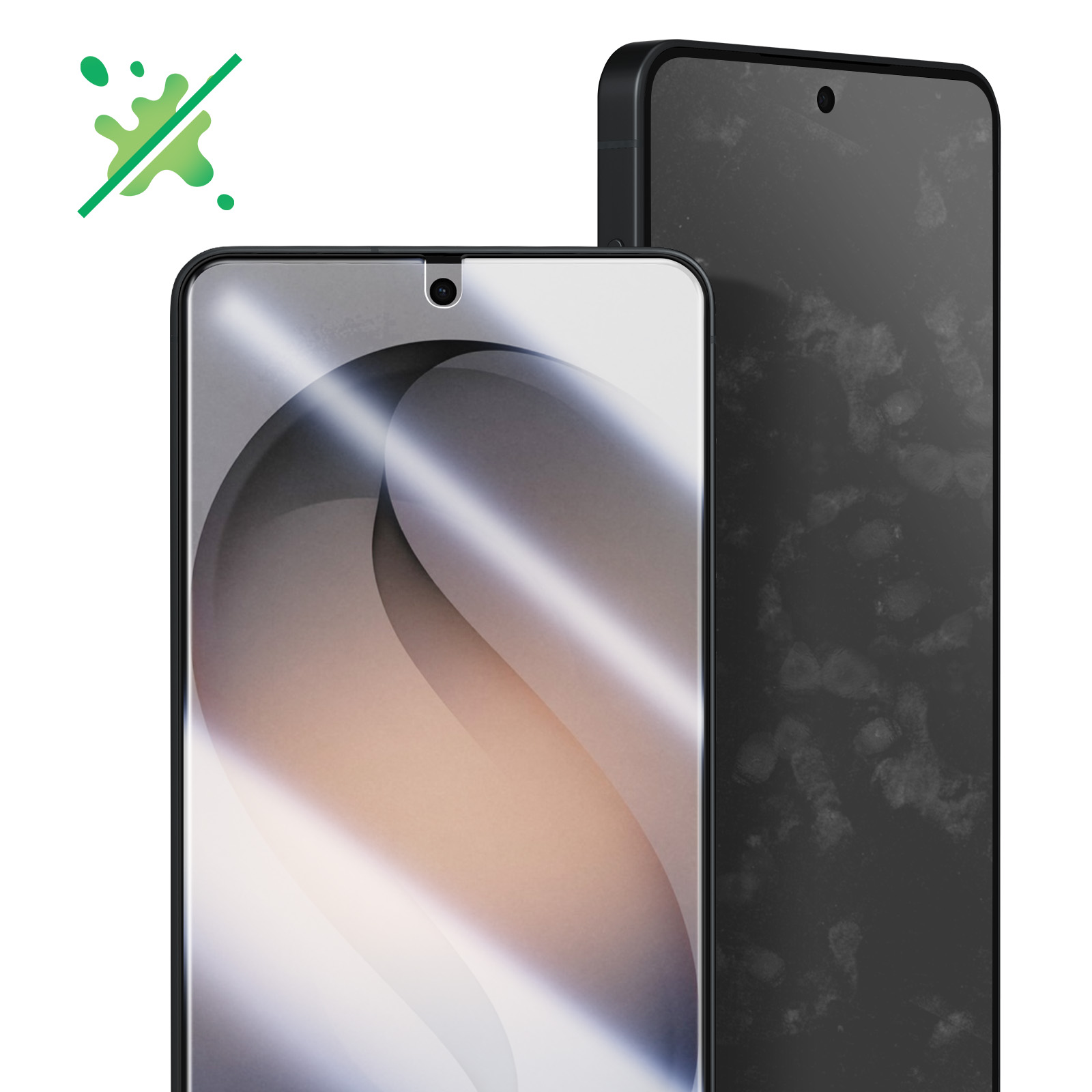 Due telefoni, uno pulito, uno con impronte. Icona schizzo verde con barra.