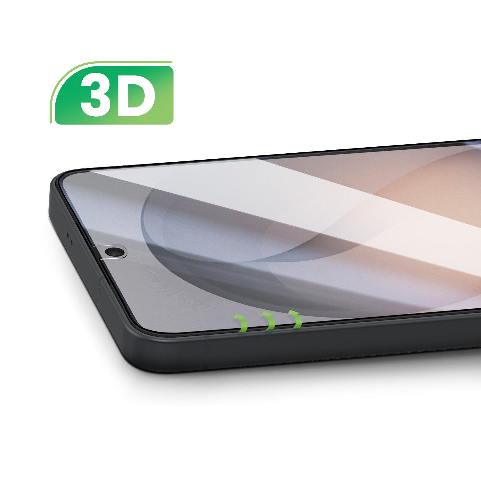 Logo 3D sopra uno smartphone con fotocamera frontale e frecce verdi.
