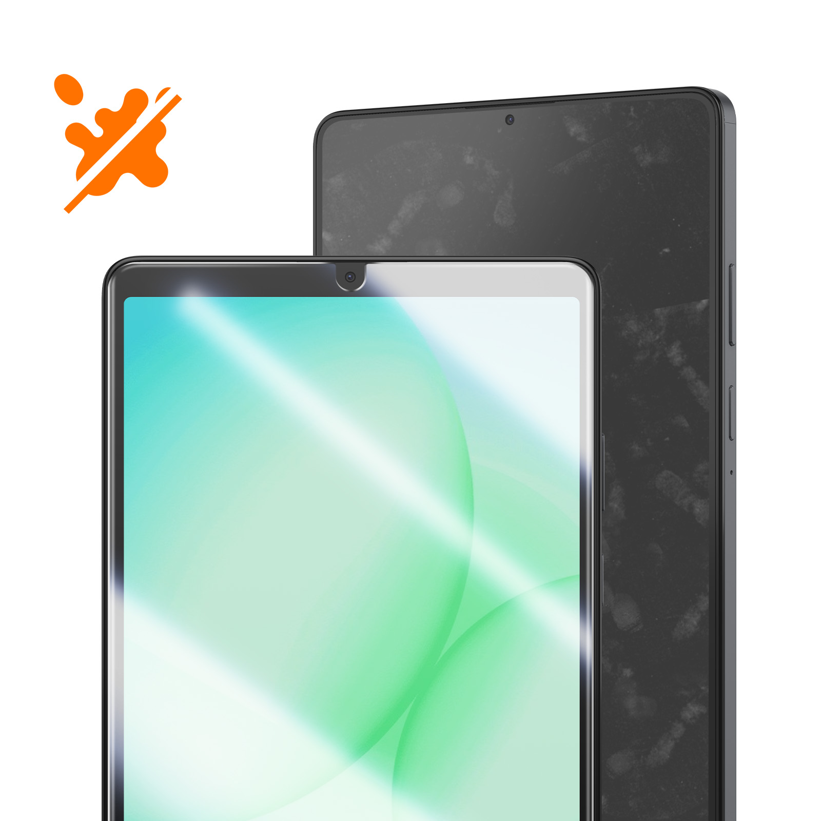 Un icono naranja con un salpicadura tachada sobre dos teléfonos inteligentes.