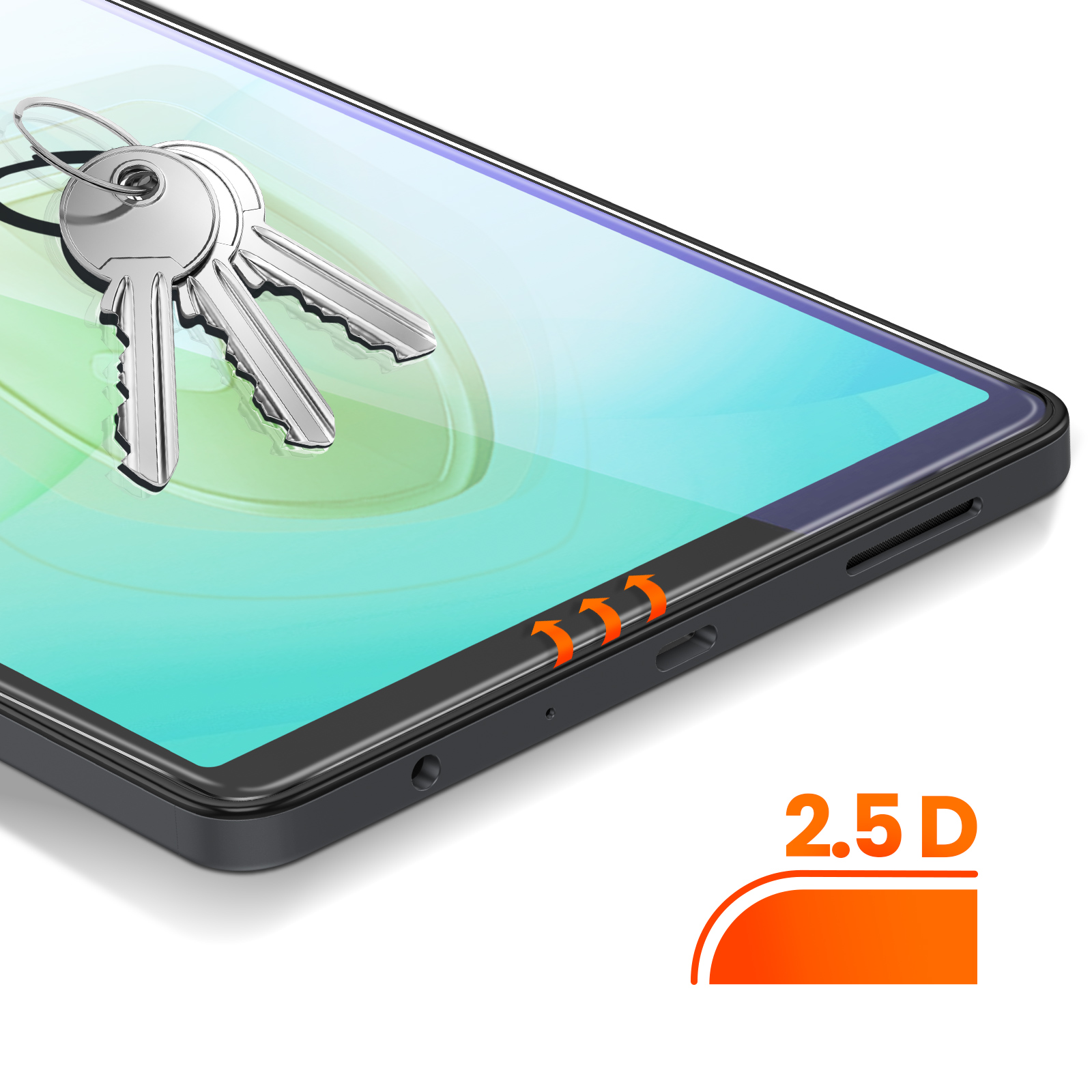 Tres llaves plateadas sobre una pantalla de teléfono. Flechas naranjas indican 2.5D.