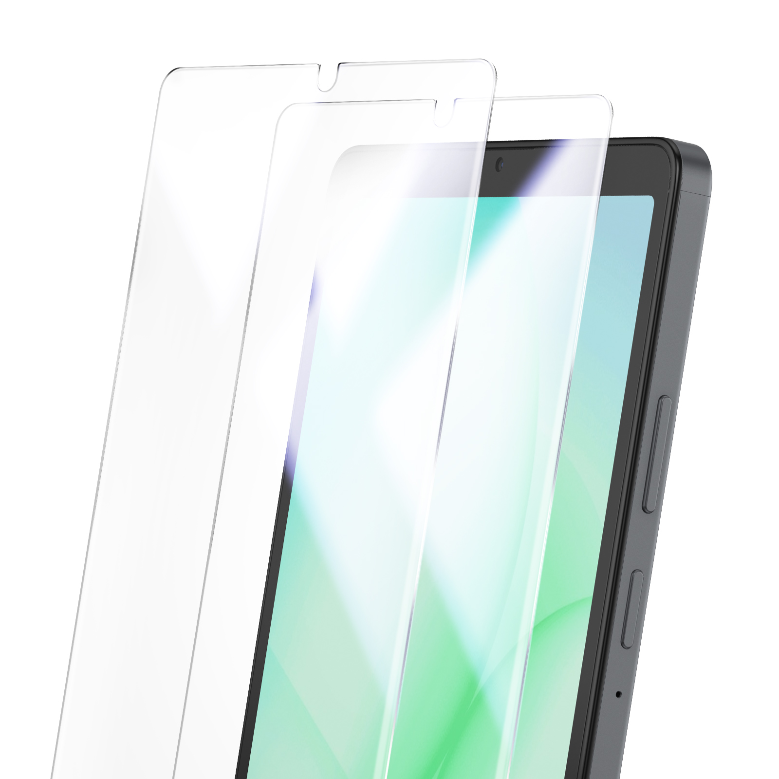 Dos protectores de pantalla transparentes yacen sobre un smartphone.