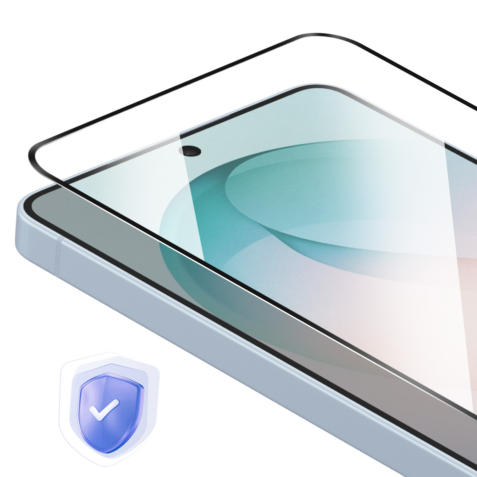 Un protector de pantalla para un smartphone azul claro con un icono de escudo.