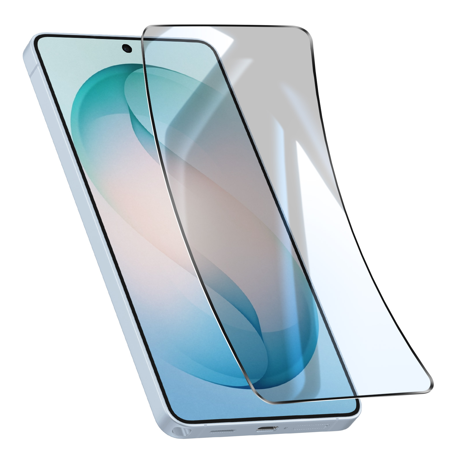 Un smartphone azul claro con un protector de pantalla ligeramente angulado.