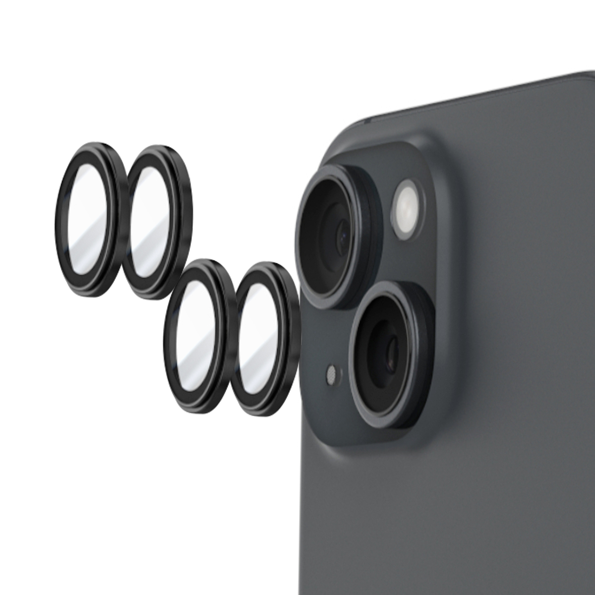 Cuatro anillos protectores de lente negros y redondos junto a la parte trasera de un smartphone oscuro.