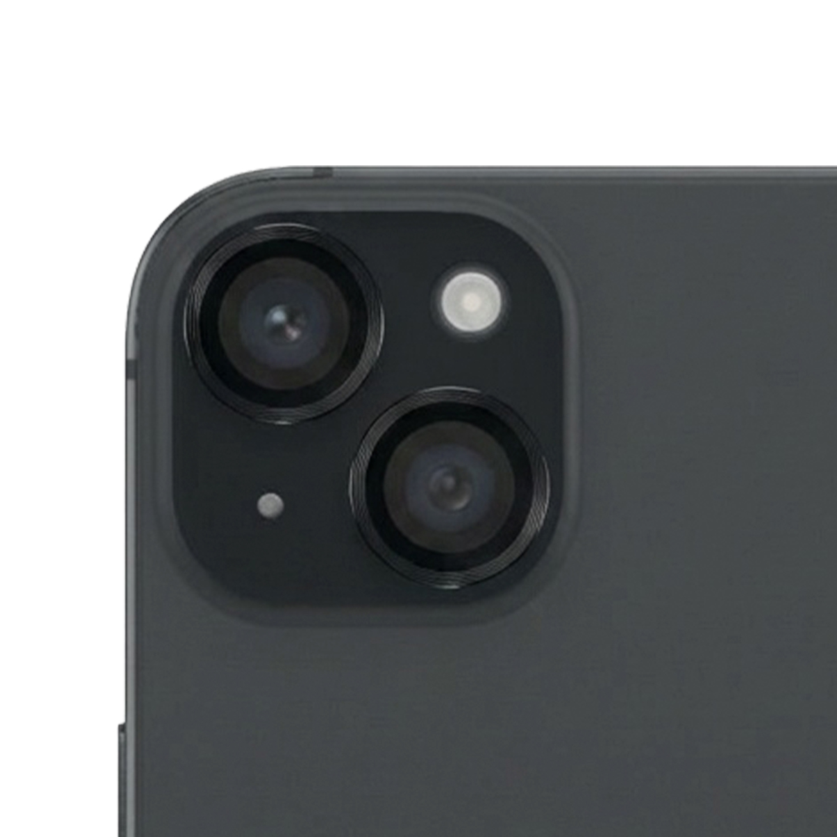 Primer plano de la parte trasera de un smartphone oscuro con dos lentes de cámara y flash.