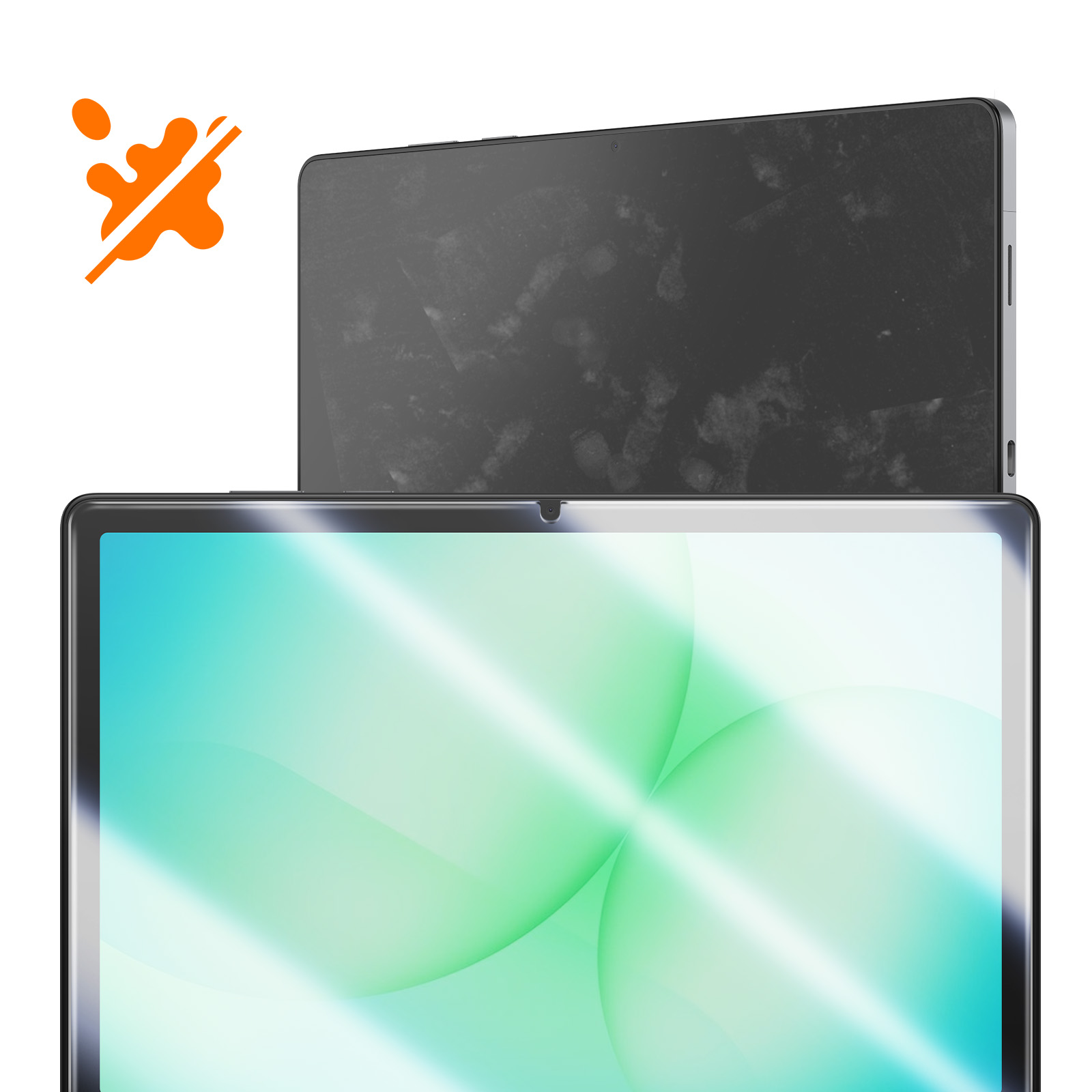 Icona arancione protezione schizzi e due tablet. Uno è sporco.