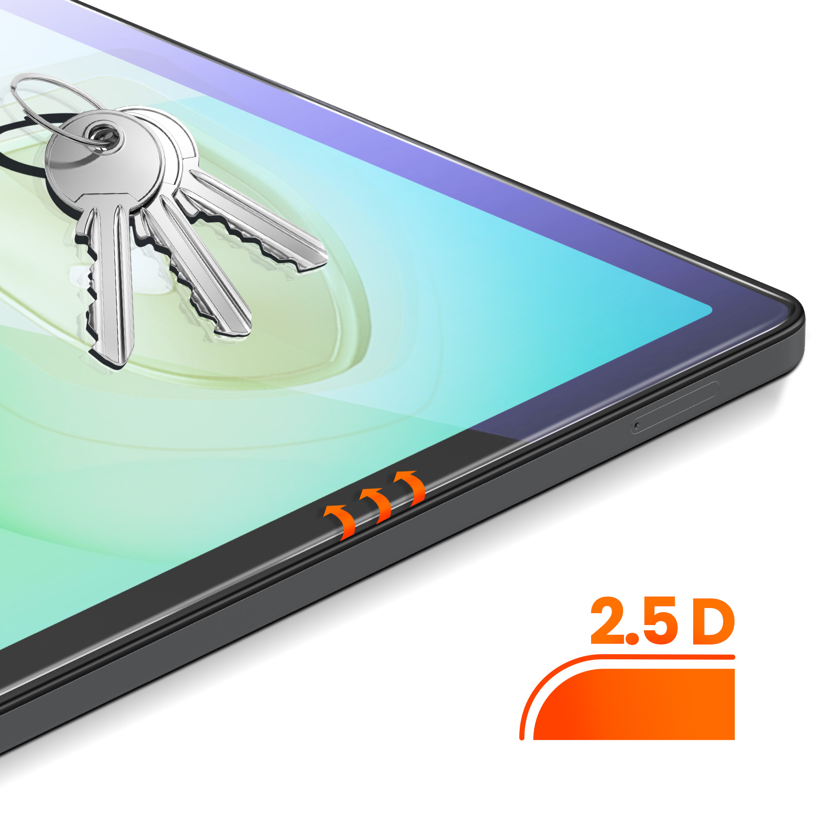 Tre chiavi argentate su un tablet con display colorato.