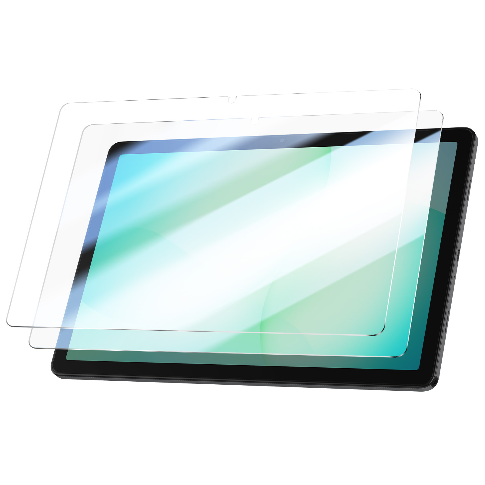 Due protezioni schermo trasparenti sovrapposte a un tablet nero con schermo blu e verde.