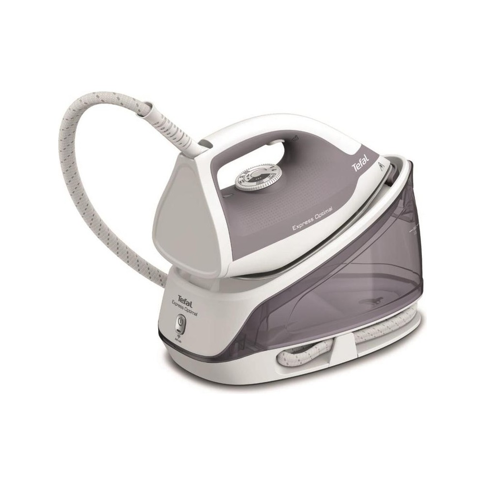 Beyaz ve gri Tefal buharlı ütü, tabanı ve hortumuyla beyaz arka plan üzerinde.