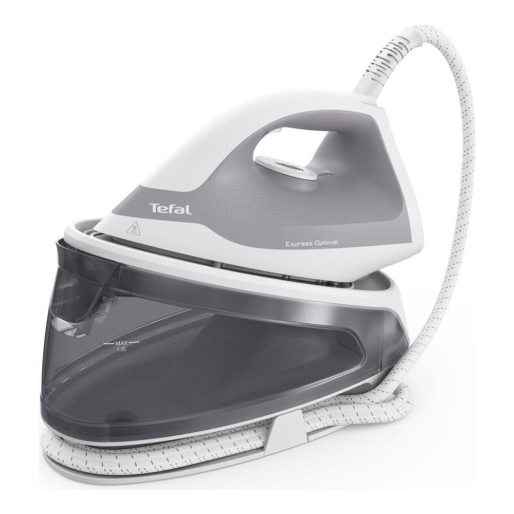 Su haznesi olan beyaz ve gri Tefal buharlı ütü tabanında duruyor.