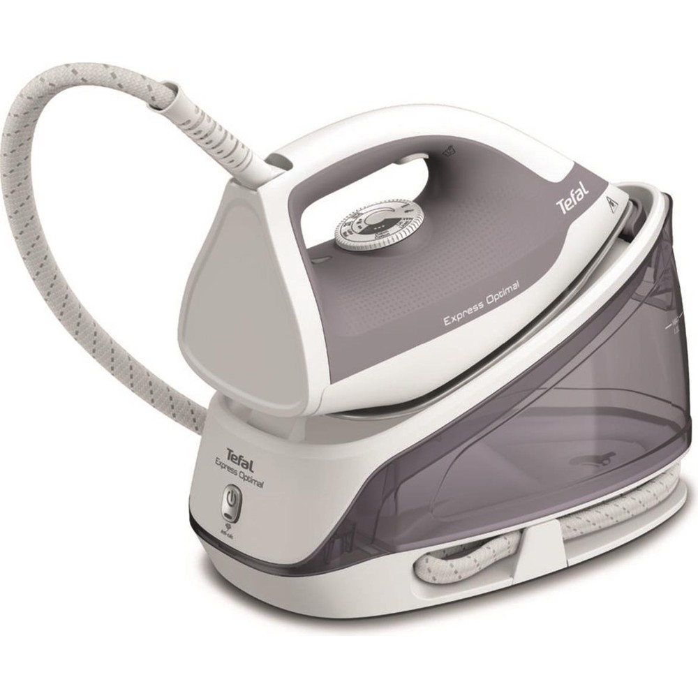Ayrı su haznesine sahip beyaz ve gri Tefal buharlı ütü.
