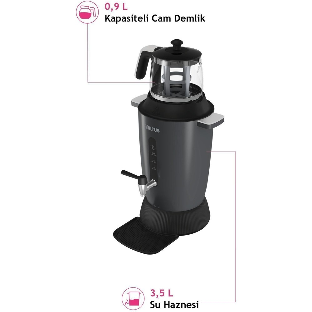 Gri su ısıtıcı, demlik ve musluklu. 0,9 L kapasiteli.