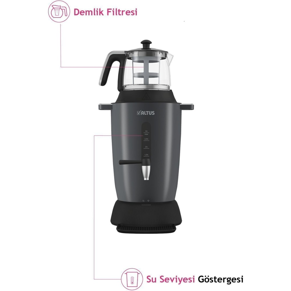 Cam demlikli, su seviye göstergeli gri su ısıtıcı.