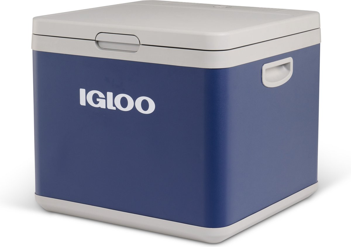 Un frigorifero Igloo blu e grigio con manici e logo.