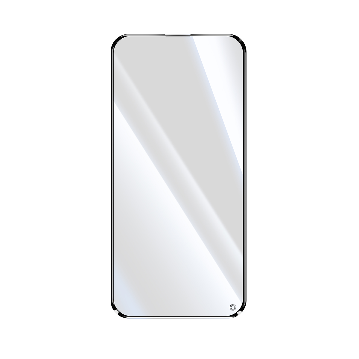 Una protezione schermo trasparente per telefono con un discreto logo a diamante in basso.