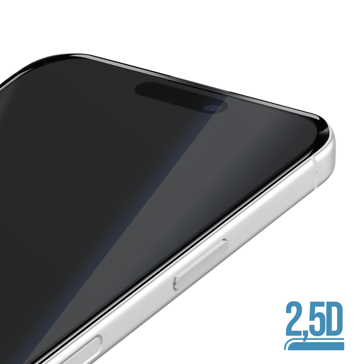 Primo piano di uno smartphone con schermo scuro e cornice argentata. Etichetta 2,5D.