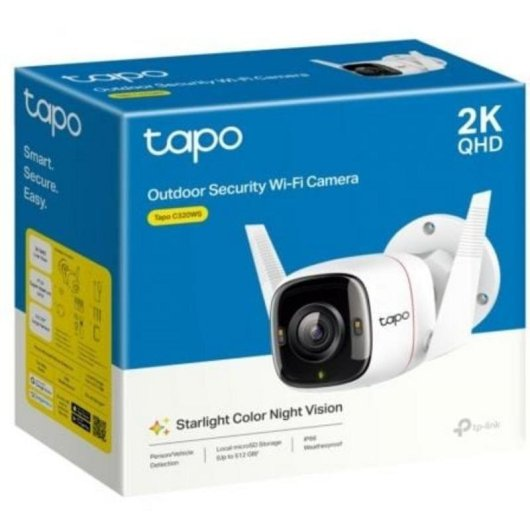 Scatola di una telecamera di sicurezza da esterno Tapo bianca con 2K QHD.