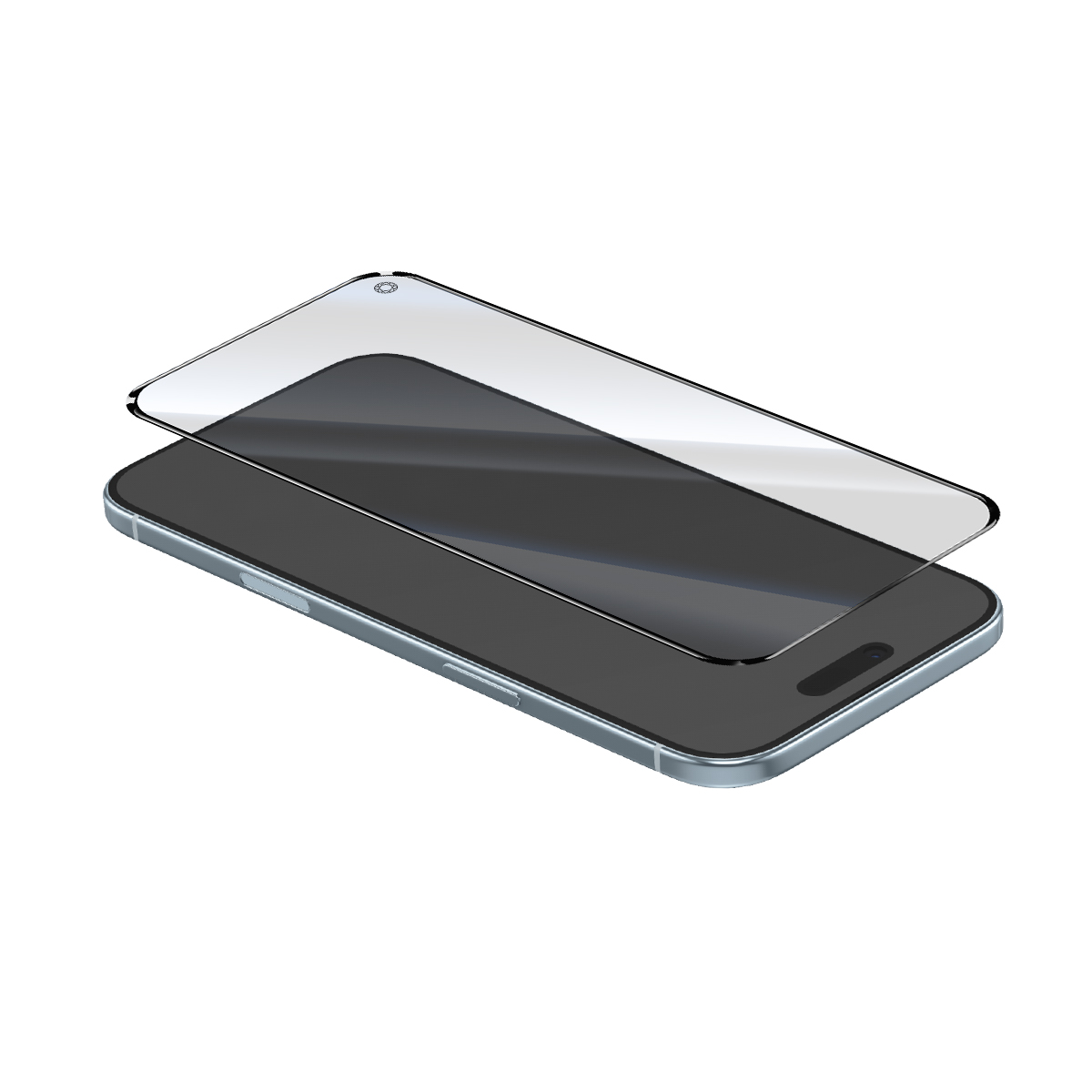 Una protezione per lo schermo trasparente fluttua su uno smartphone scuro su sfondo bianco.