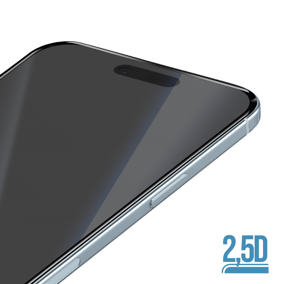 Primo piano di uno smartphone con schermo scuro e cornice argentata. Logo 2.5D.