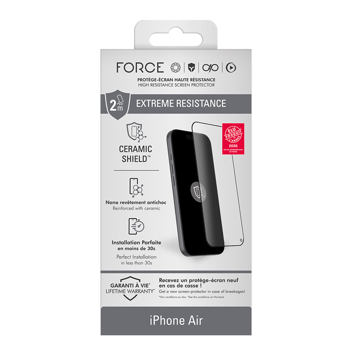 Confezione per proteggi schermo iPhone Air con "Extreme Resistance" e "Ceramic Shield".
