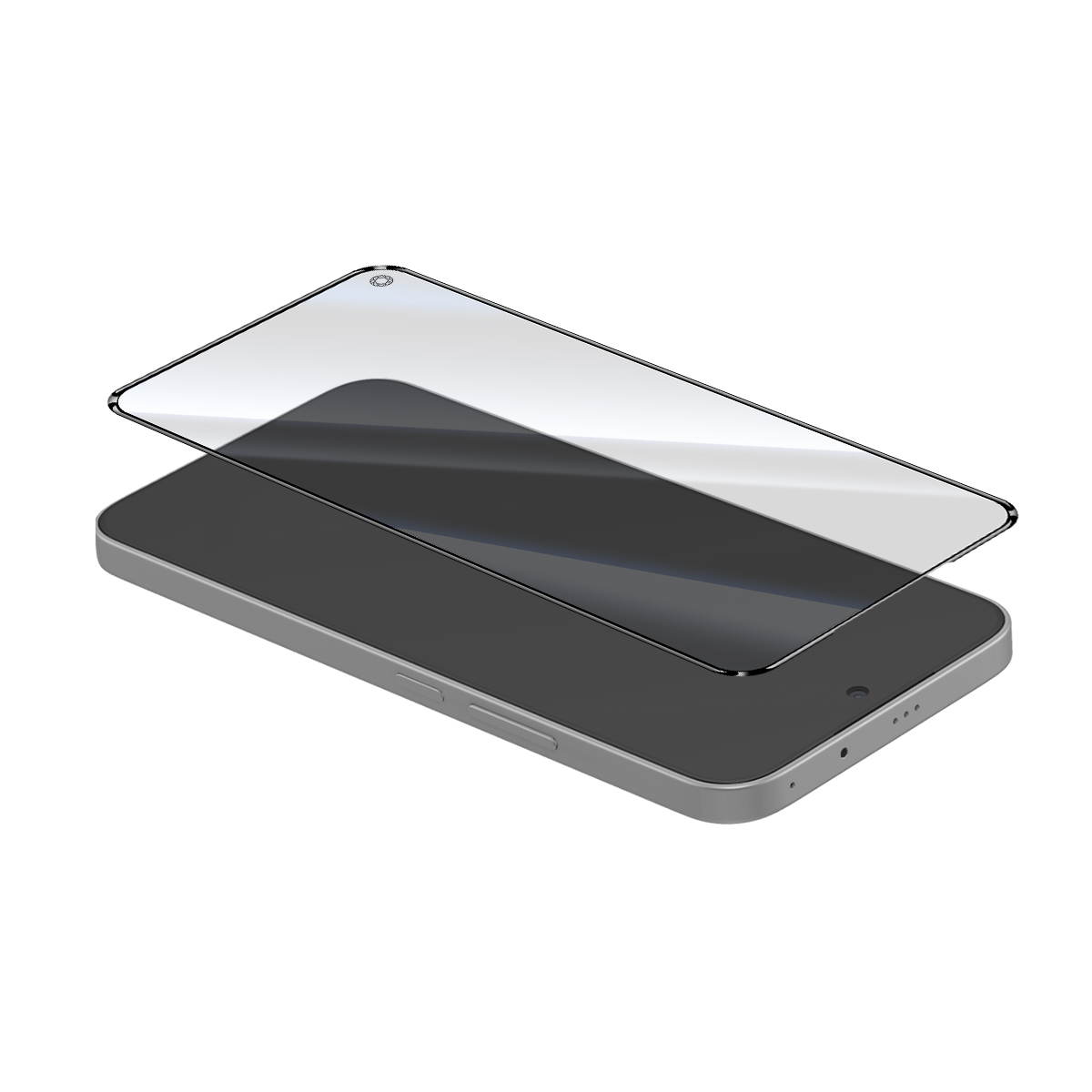 Una protezione schermo trasparente giace su uno smartphone grigio.