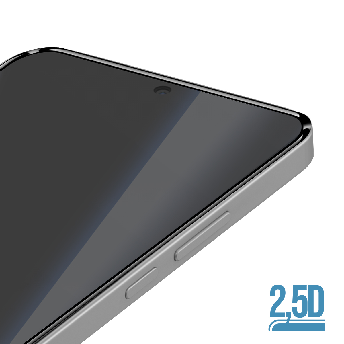 Schermo smartphone con superficie in vetro 2,5D e fotocamera frontale.