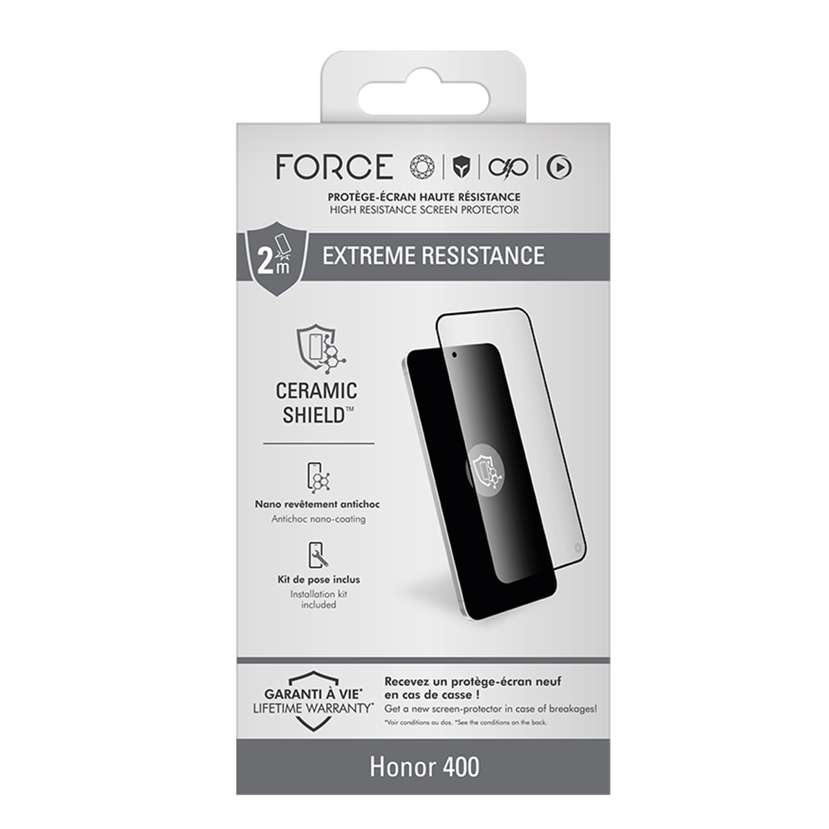 Confezione per proteggi schermo Force per Honor 400, con caratteristiche elencate.