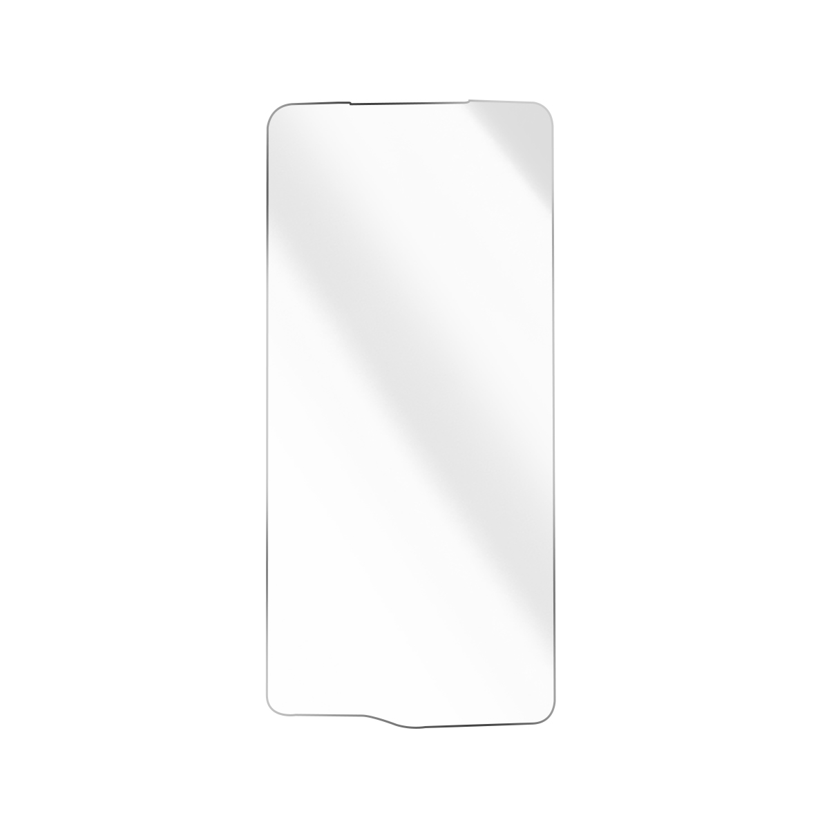 Un protector de pantalla de vidrio transparente con esquinas redondeadas sobre fondo blanco.
