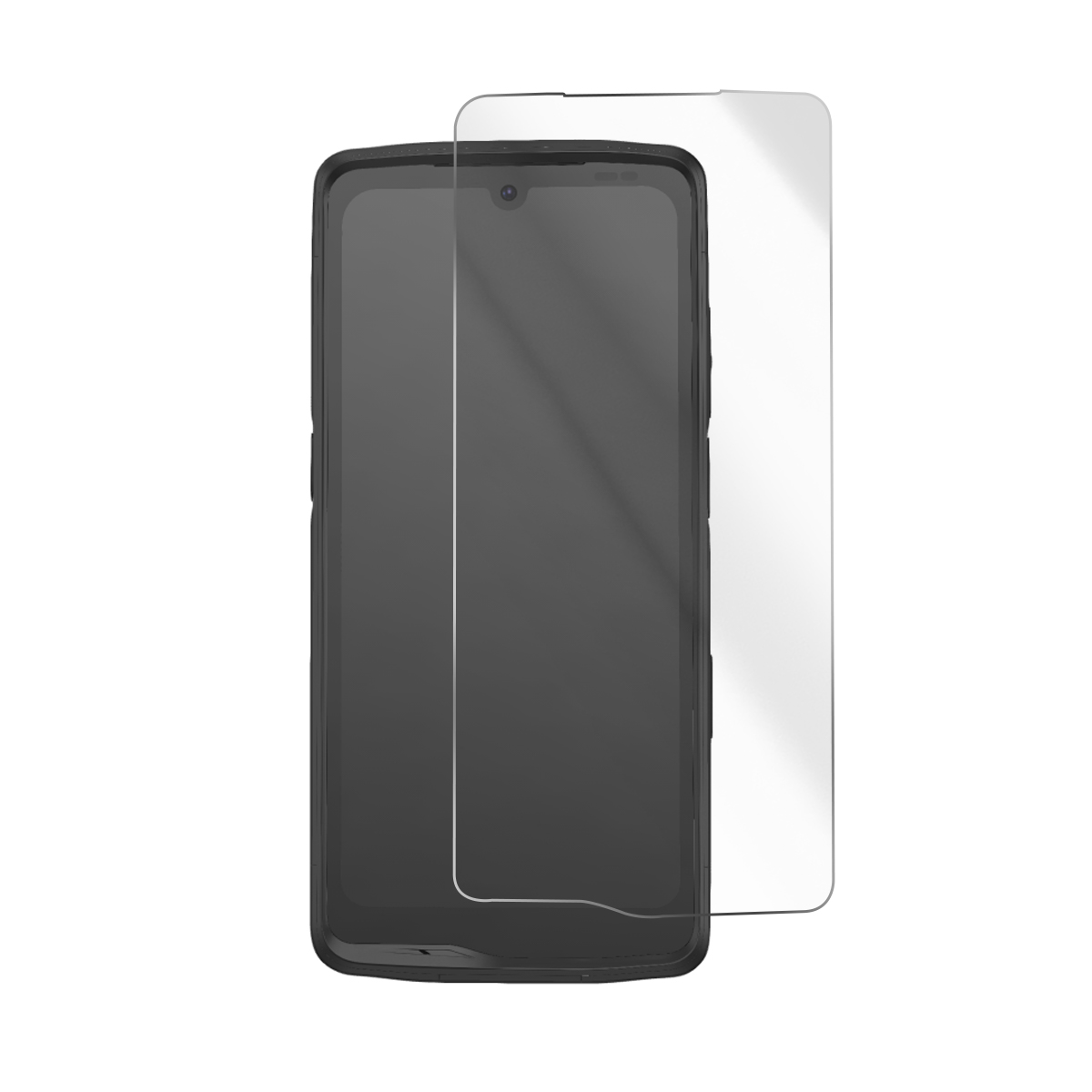 Un protector de pantalla transparente yace sobre un teléfono inteligente negro.