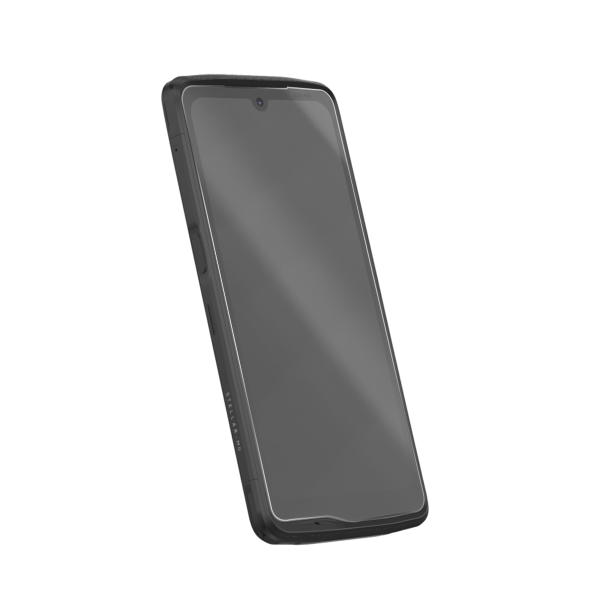 Un smartphone oscuro con bisel delgado y cámara frontal se muestra en ángulo.