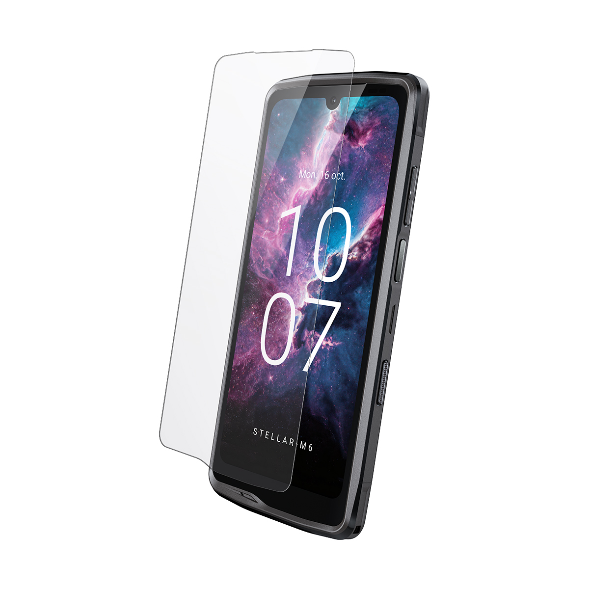 Un teléfono inteligente con un protector de pantalla medio aplicado.