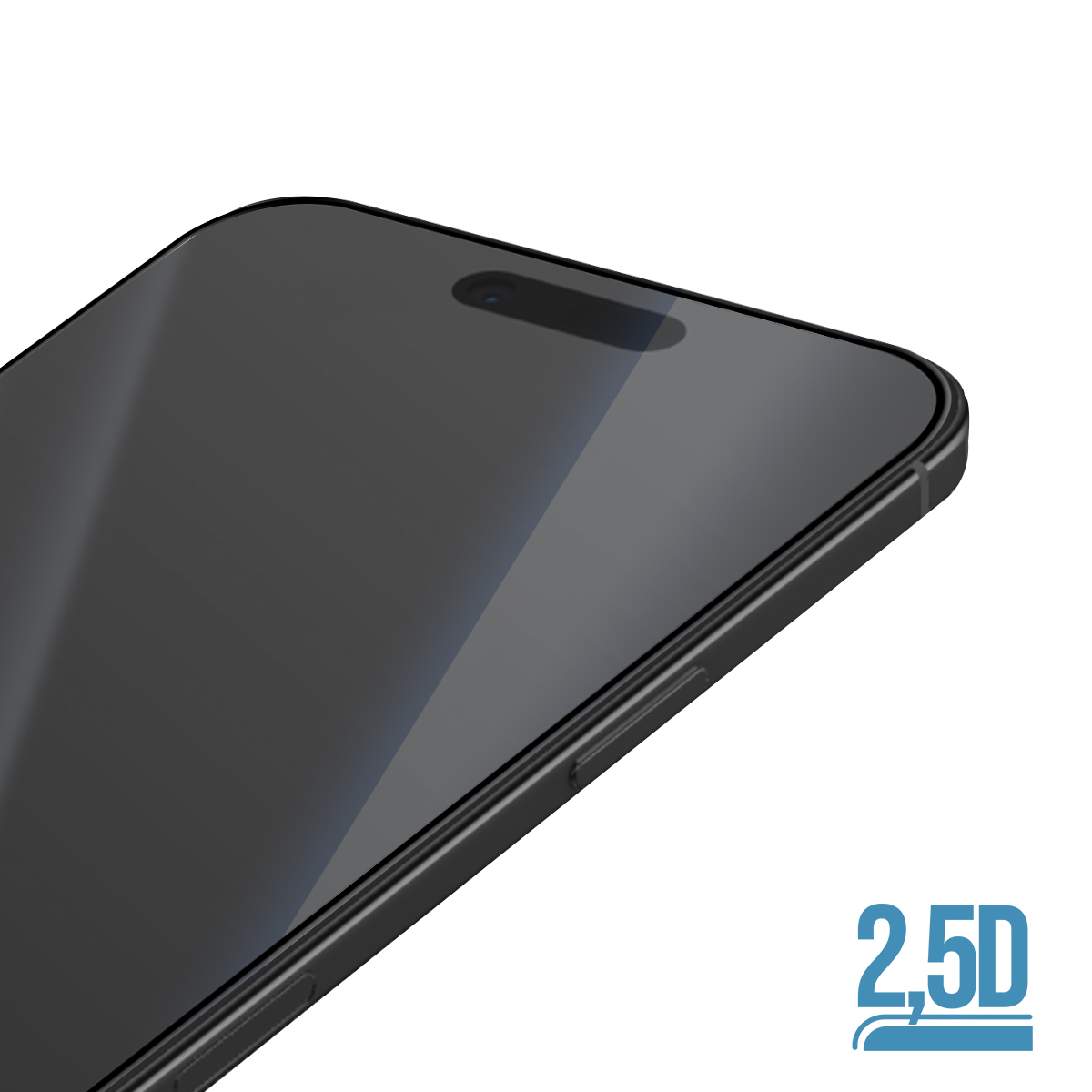 Primo piano di una protezione per schermo scuro per smartphone con testo 2.5D.