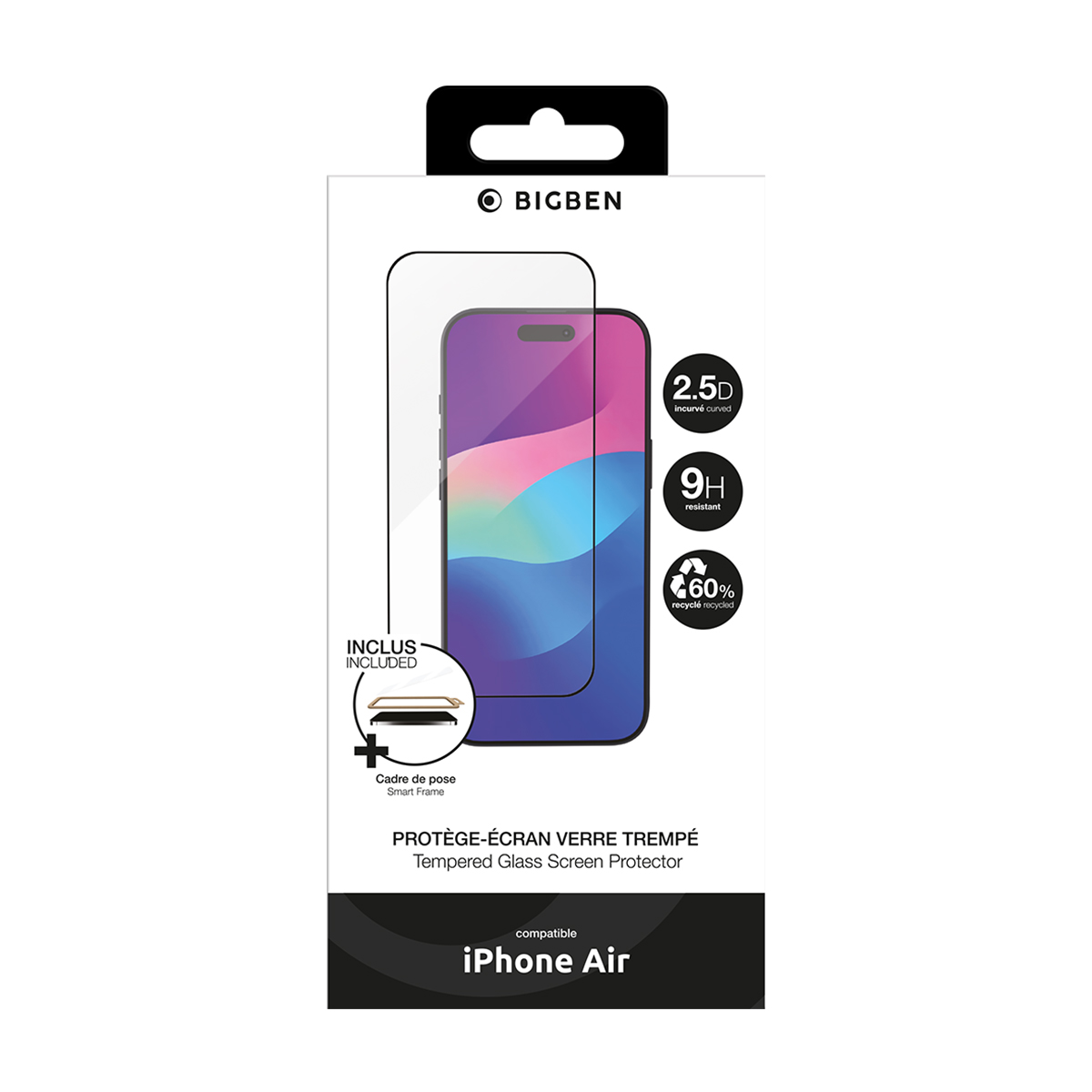 Confezione per proteggi schermo in vetro temperato Bigben per iPhone Air.